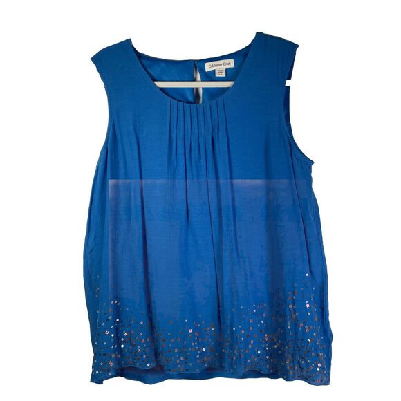 Coldwater Creek Blue Tunic Tank Sleeveless Size L Large 14 Sequins Lined Pleated - Picture 1 of 9